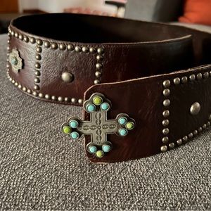 Double D Ranch western dark brown leather turquoise and silver cinch belt, 32